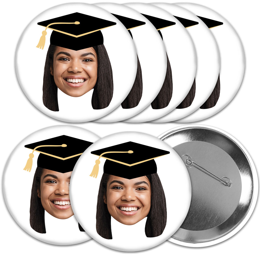 Custom Fun Face Grad Cap Pinback Buttons - 8 Ct