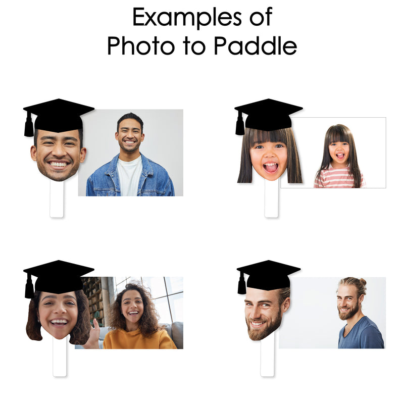 Grad Cap Fun Face Cutout Paddles - Custom Graduation Photo Face Cut Out Photo Booth and Fan Props - Upload 1 Photo - 6 Piece Cut Out Kit