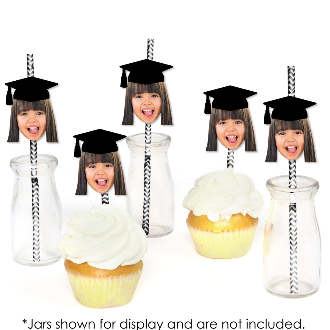 Grad Cap Fun Face Cutout Paper Straw Decor - Custom Graduation Photo Head Cut Out Striped Decorative Straws - Upload 1 Photo - Set of 24