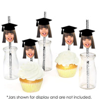 Grad Cap Fun Face Cutout Paper Straw Decor - Custom Graduation Photo Head Cut Out Striped Decorative Straws - Upload 1 Photo - Set of 24