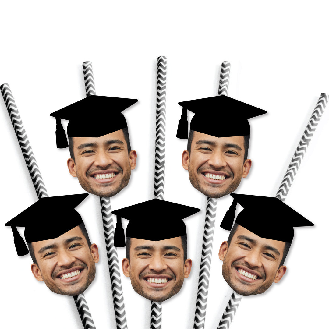 Grad Cap Fun Face Cutout Paper Straw Decor - Custom Graduation Photo Head Cut Out Striped Decorative Straws - Upload 1 Photo - Set of 24