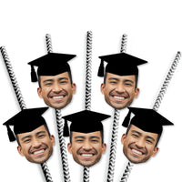 Grad Cap Fun Face Cutout Paper Straw Decor - Custom Graduation Photo Head Cut Out Striped Decorative Straws - Upload 1 Photo - Set of 24