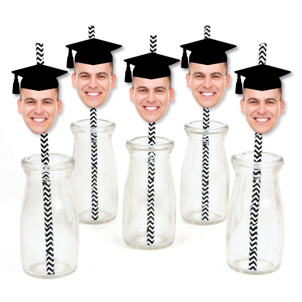 Grad Cap Fun Face Cutout Paper Straw Decor - Custom Graduation Photo Head Cut Out Striped Decorative Straws - Upload 1 Photo - Set of 24