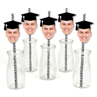 Grad Cap Fun Face Cutout Paper Straw Decor - Custom Graduation Photo Head Cut Out Striped Decorative Straws - Upload 1 Photo - Set of 24
