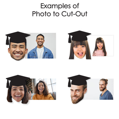 Grad Cap Fun Face Cutout Centerpiece Sticks - Custom Graduation Photo Head Cut Out Table Toppers - Upload 1 Photo - Set of 15