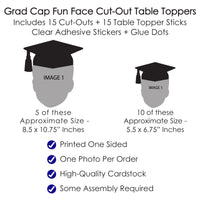 Grad Cap Fun Face Cutout Centerpiece Sticks - Custom Graduation Photo Head Cut Out Table Toppers - Upload 1 Photo - Set of 15