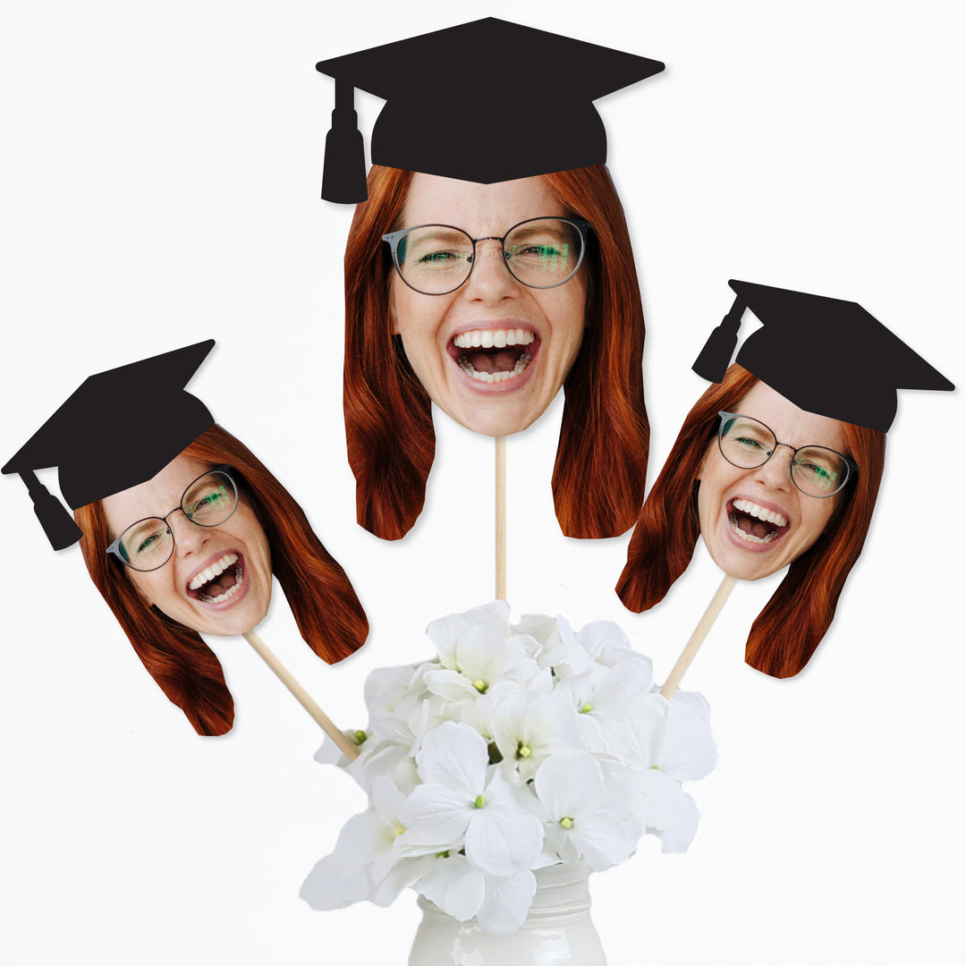 Grad Cap Fun Face Cutout Centerpiece Sticks - Custom Graduation Photo Head Cut Out Table Toppers - Upload 1 Photo - Set of 15