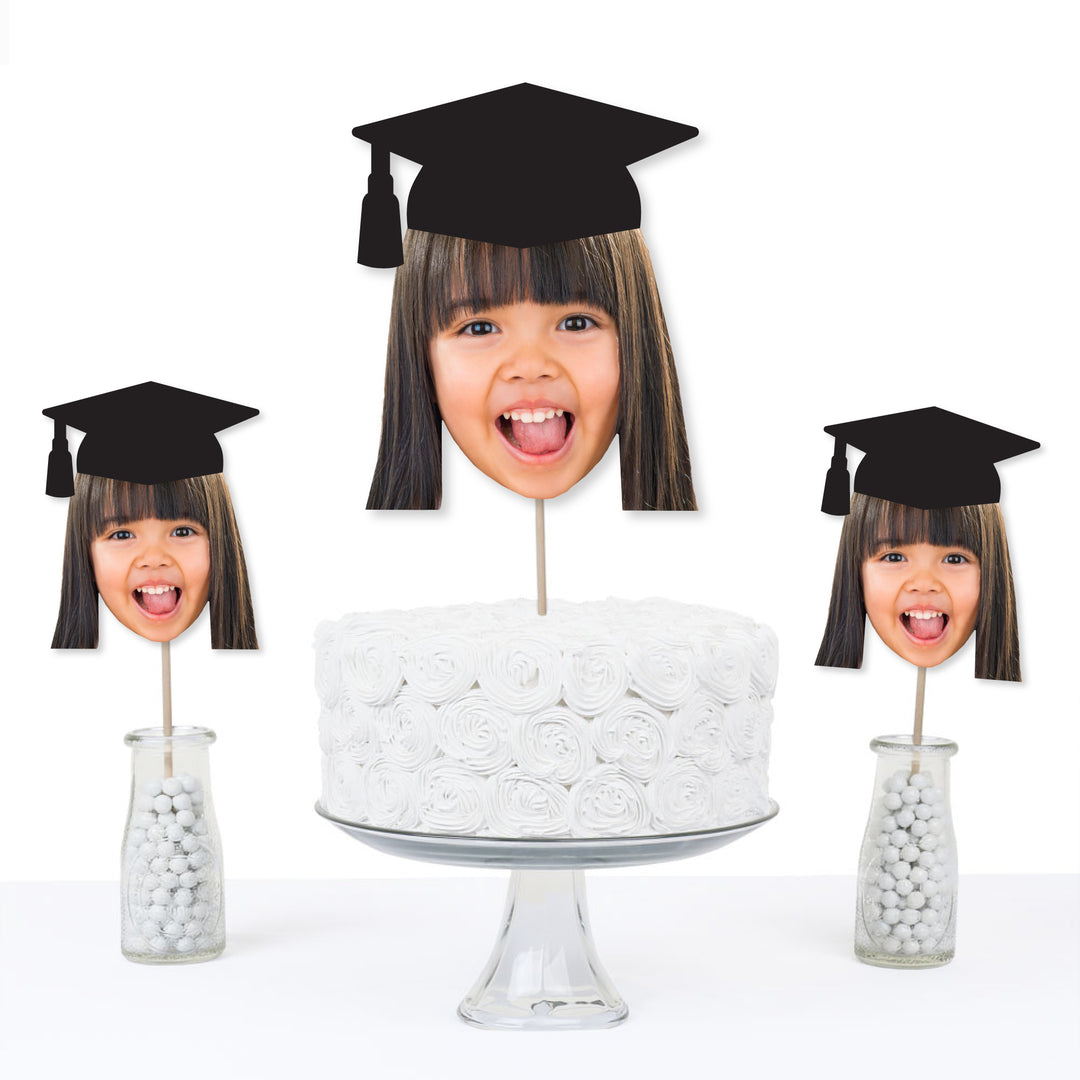 Grad Cap Fun Face Cutout Centerpiece Sticks - Custom Graduation Photo Head Cut Out Table Toppers - Upload 1 Photo - Set of 15