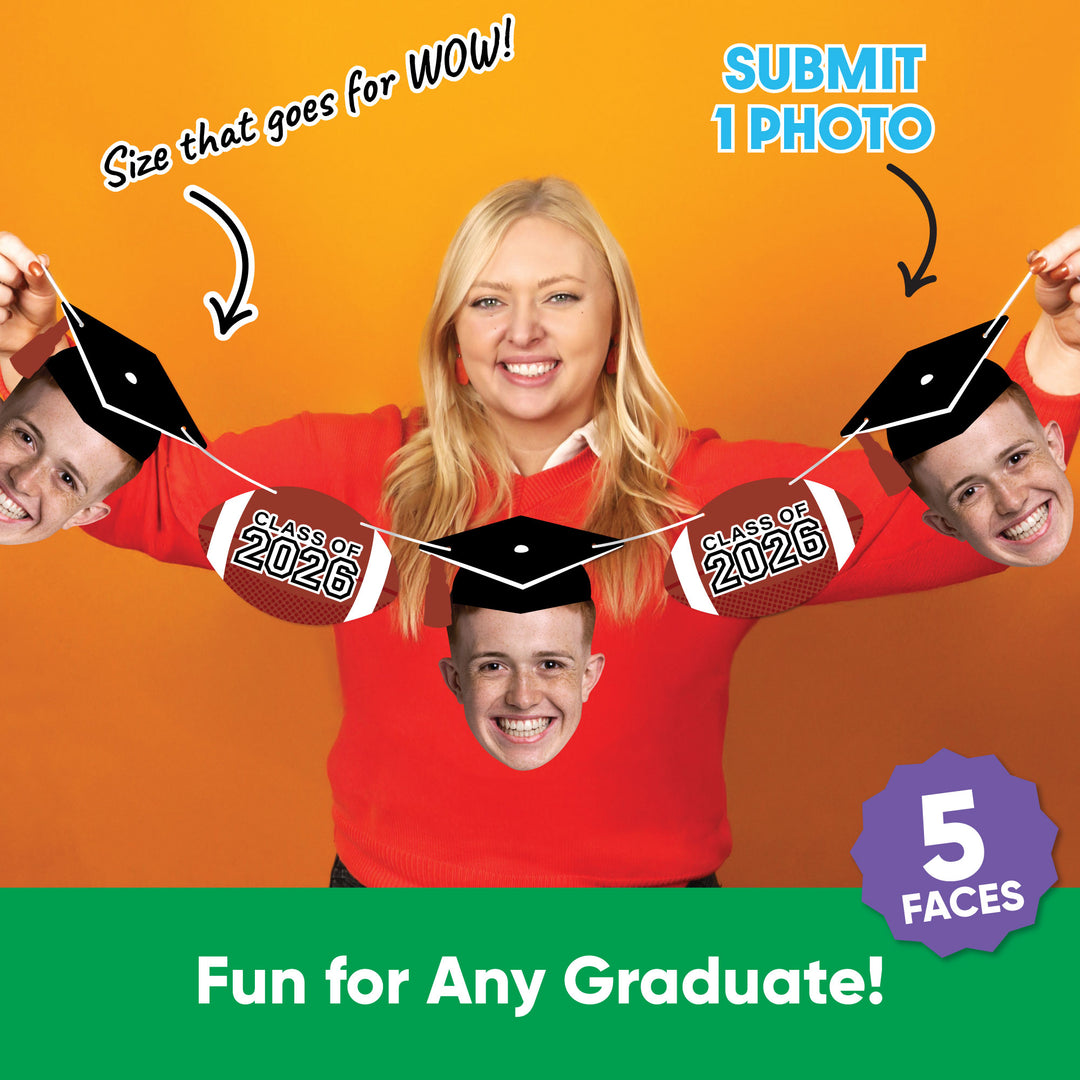 Set of 5 custom graduation face cutouts and football icons