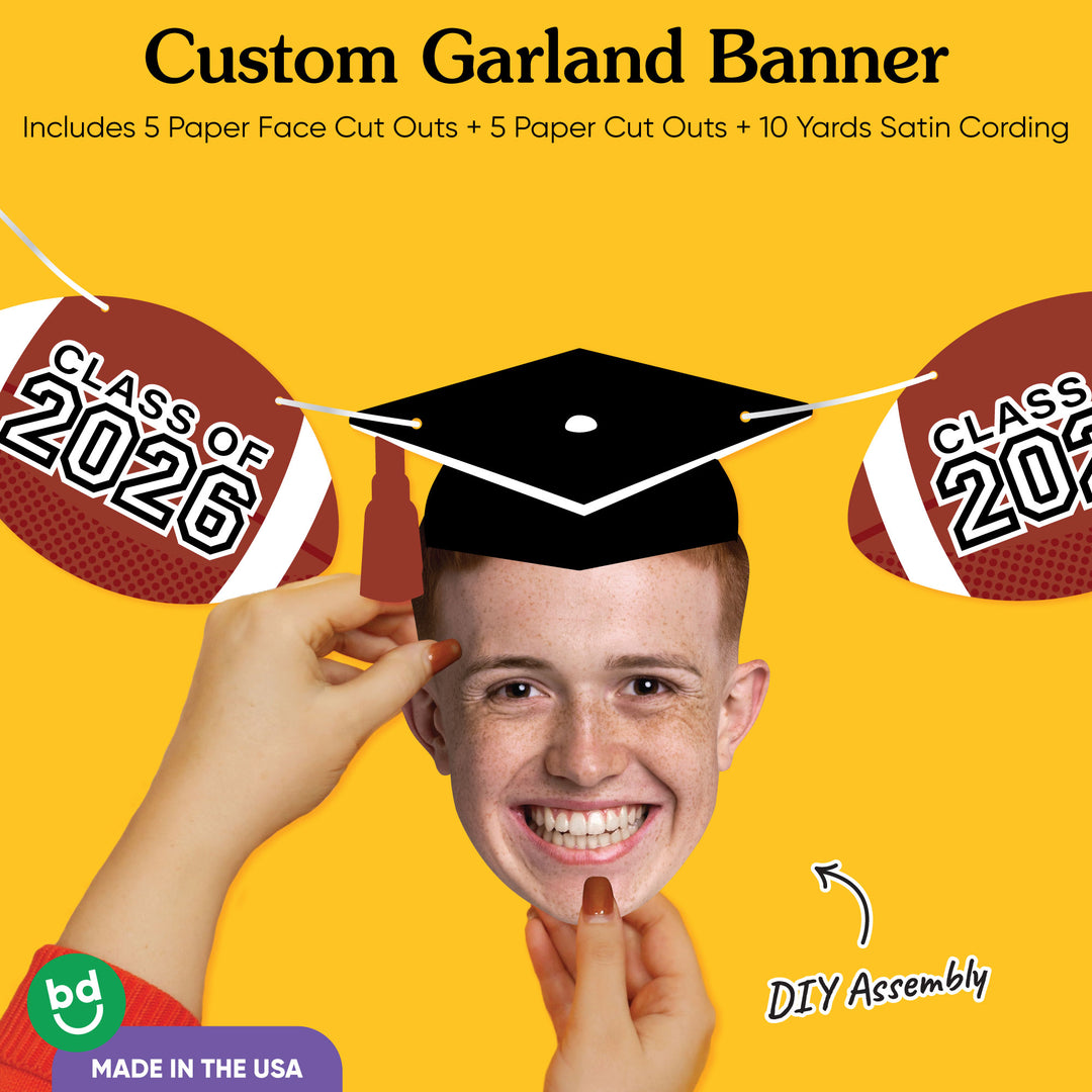 Graduation face cutout with cap and football Class of 2026 design