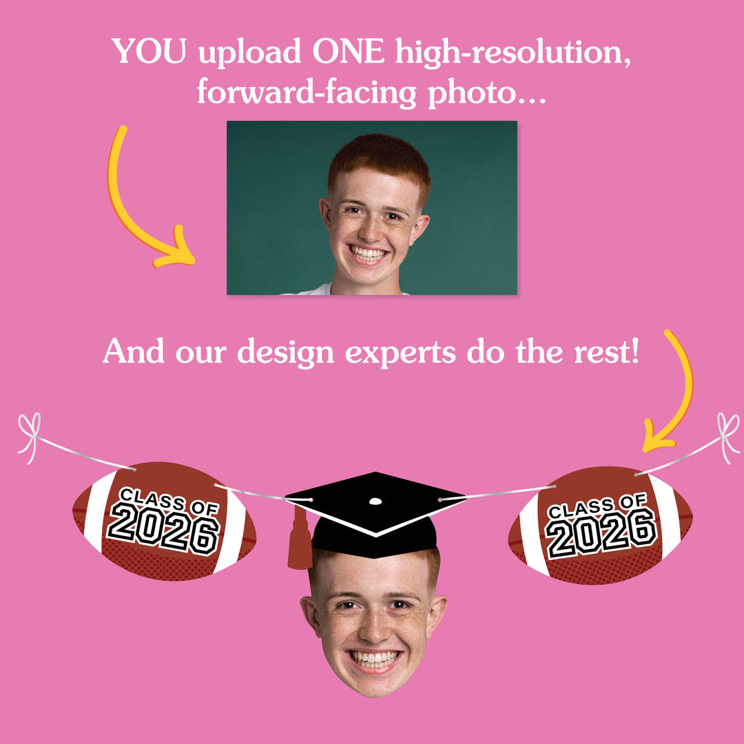 Promotional graphic for a photo design service with text and images of a person and graduation-themed elements on a pink background.