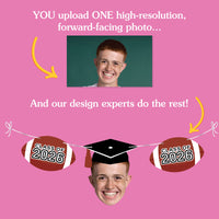 Promotional graphic for a photo design service with text and images of a person and graduation-themed elements on a pink background.
