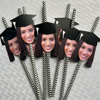 Grad Cap Fun Face Cutout Paper Straw Decor - Custom Graduation Photo Head Cut Out Striped Decorative Straws - Upload 1 Photo - Set of 24