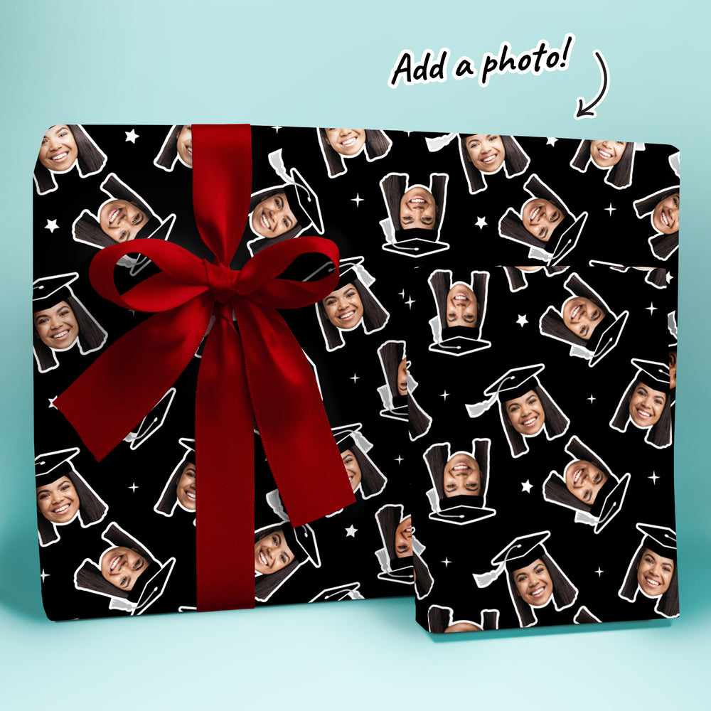 Personalized Photo Graduation Wrapping Paper, Black Cap with Silver Tassel
