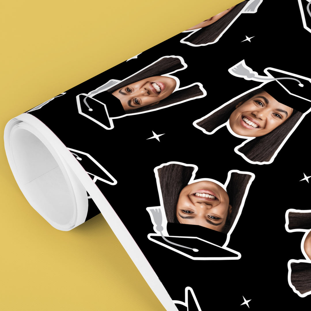 Personalized Photo Graduation Wrapping Paper, Black Cap with Silver Tassel