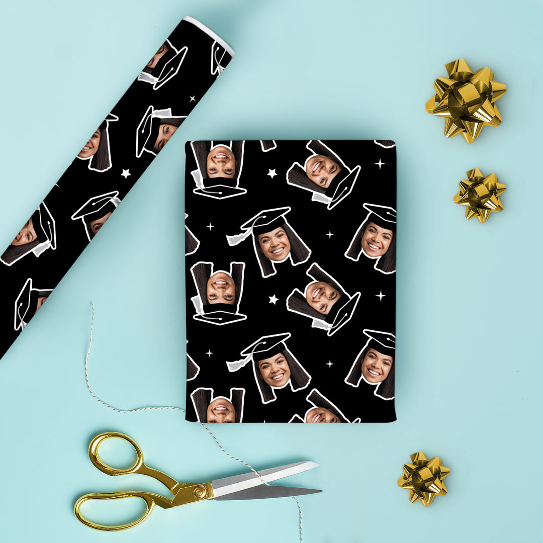 Personalized Photo Graduation Wrapping Paper, Black Cap with Silver Tassel