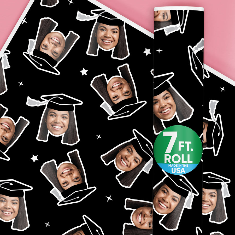 Personalized Photo Graduation Wrapping Paper, Black Cap with Silver Tassel