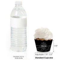Water bottle and cupcake with a black and white 'Class of 2026' wrapper on a white background