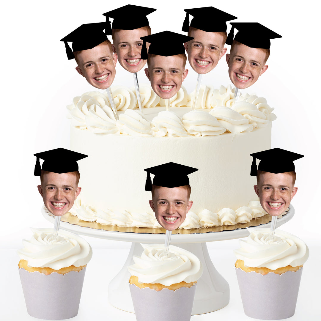 Grad Cap Fun Face Cutout Dessert Cupcake Toppers - Custom Graduation Photo Head Cut Out Clear Treat Picks - Upload 1 Photo - Set of 24