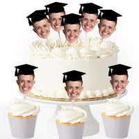 Grad Cap Fun Face Cutout Dessert Cupcake Toppers - Custom Graduation Photo Head Cut Out Clear Treat Picks - Upload 1 Photo - Set of 24