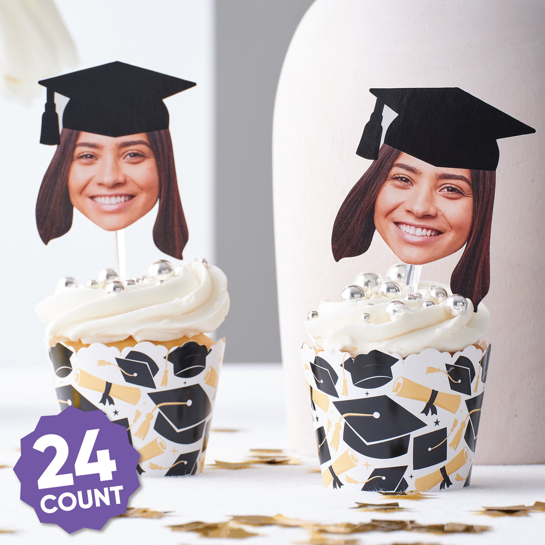 Grad Cap Fun Face Cutout Dessert Cupcake Toppers - Custom Graduation Photo Head Cut Out Clear Treat Picks - Upload 1 Photo - Set of 24