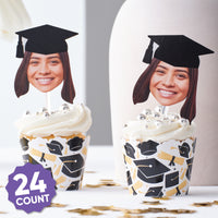 Grad Cap Fun Face Cutout Dessert Cupcake Toppers - Custom Graduation Photo Head Cut Out Clear Treat Picks - Upload 1 Photo - Set of 24