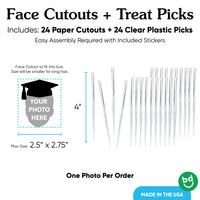Grad Cap Fun Face Cutout Dessert Cupcake Toppers - Custom Graduation Photo Head Cut Out Clear Treat Picks - Upload 1 Photo - Set of 24