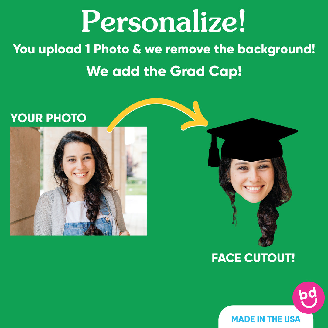 Grad Cap Fun Face Cutout Dessert Cupcake Toppers - Custom Graduation Photo Head Cut Out Clear Treat Picks - Upload 1 Photo - Set of 24