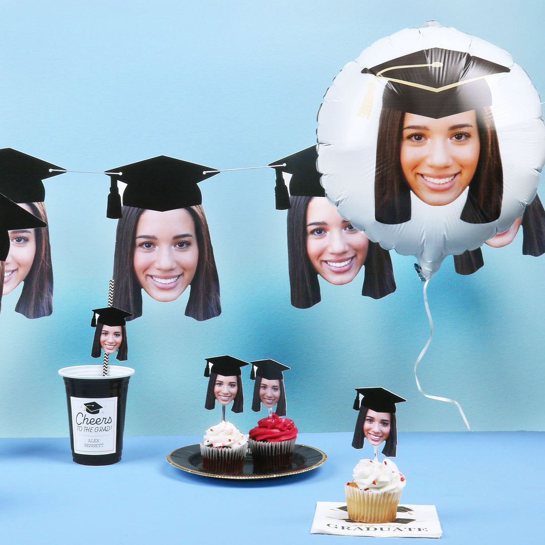 Grad Cap Fun Face Cutout Dessert Cupcake Toppers - Custom Graduation Photo Head Cut Out Clear Treat Picks - Upload 1 Photo - Set of 24