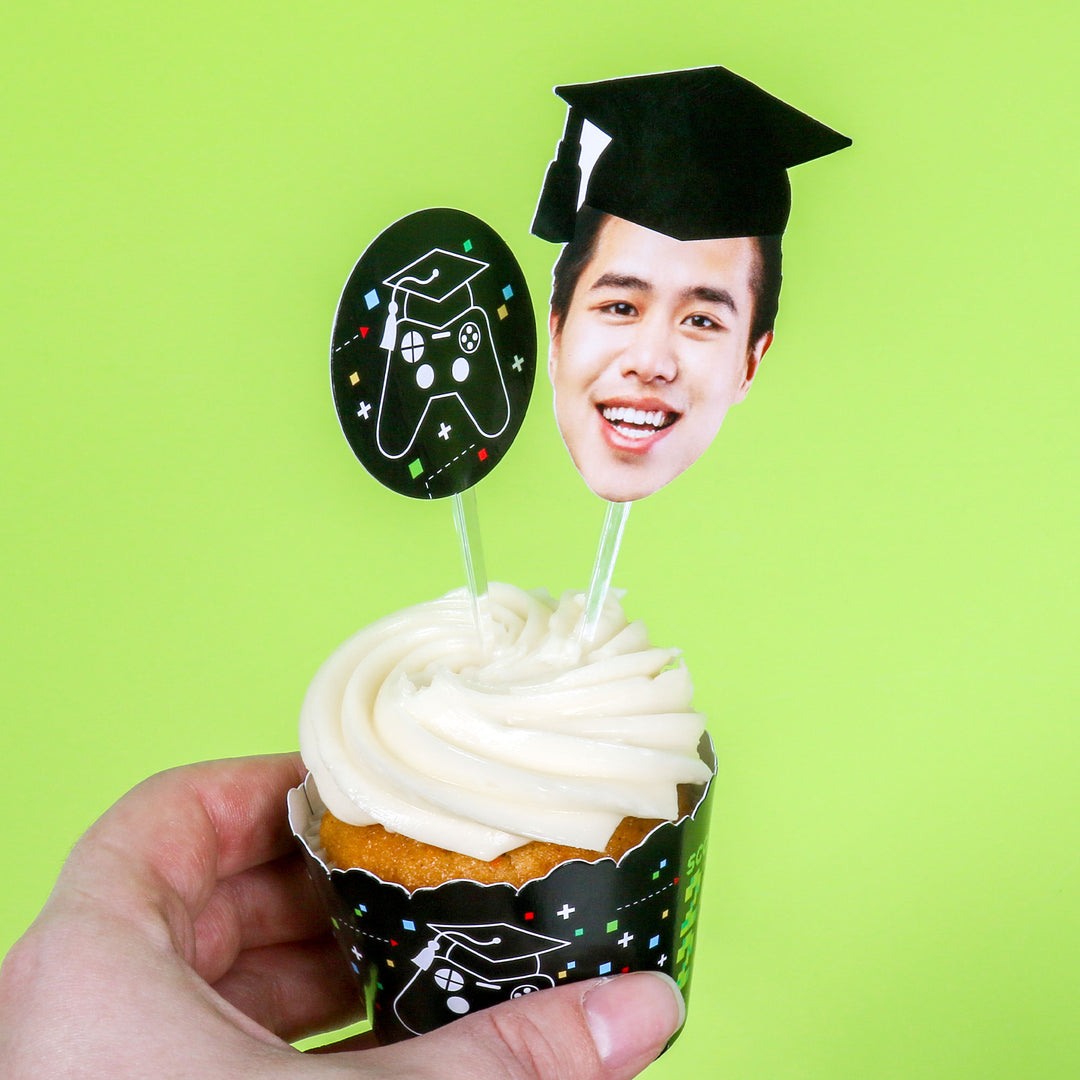 Grad Cap Fun Face Cutout Dessert Cupcake Toppers - Custom Graduation Photo Head Cut Out Clear Treat Picks - Upload 1 Photo - Set of 24