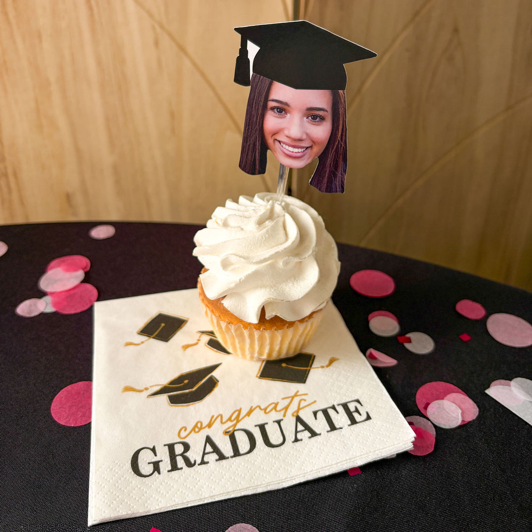 Grad Cap Fun Face Cutout Dessert Cupcake Toppers - Custom Graduation Photo Head Cut Out Clear Treat Picks - Upload 1 Photo - Set of 24