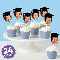 Grad Cap Fun Face Cutout Dessert Cupcake Toppers - Custom Graduation Photo Head Cut Out Clear Treat Picks - Upload 1 Photo - Set of 24