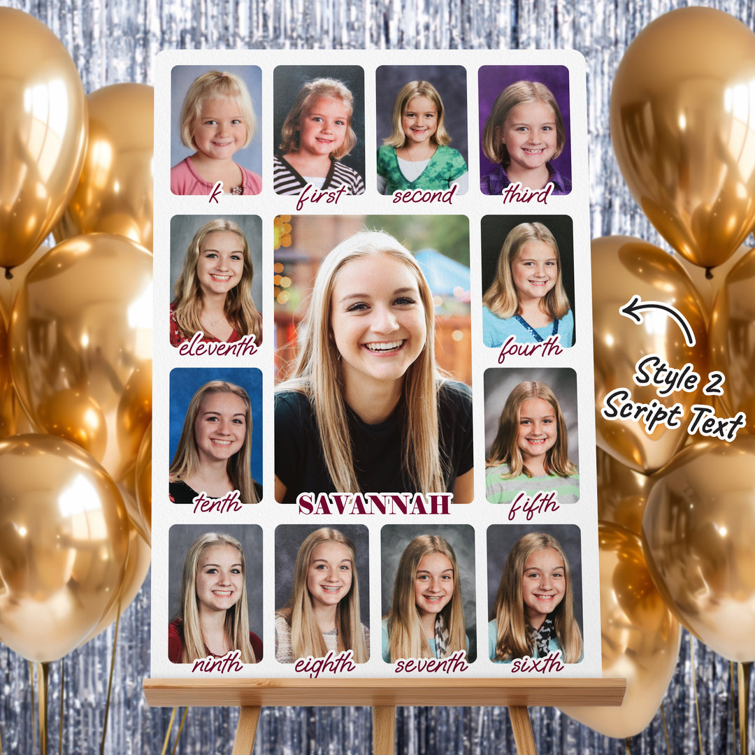 Custom graduation photo collage sign styled on graduation party memory table display