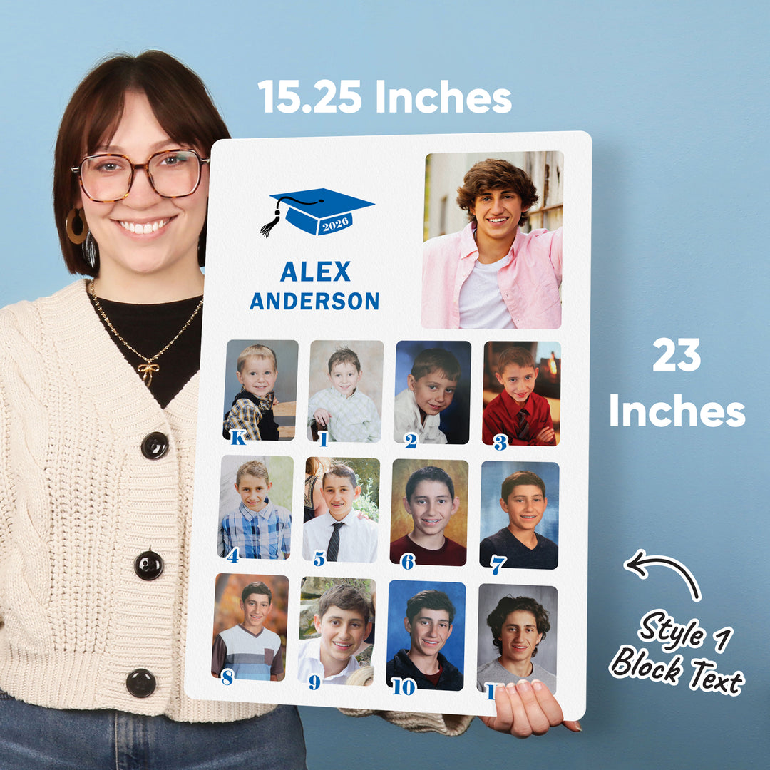 15.25 x 23 inch personalized graduation photo board with multiple grade-level photo spaces