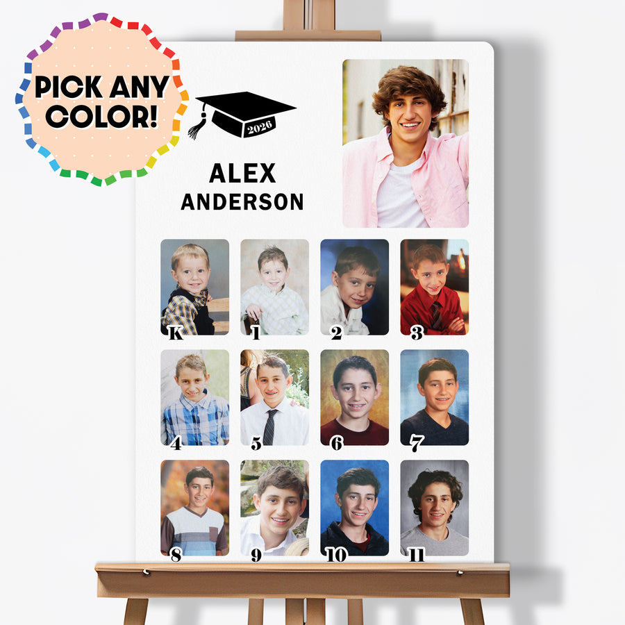Custom graduation photo collage sign vertical party display with student name and school colors