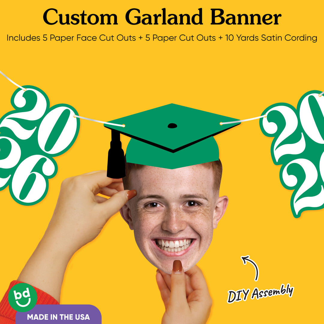 Graduation face cutout wearing cap with green 2026 design