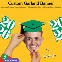 Graduation face cutout wearing cap with green 2026 design