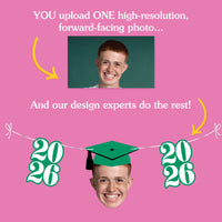 Promotional graphic for a photo customization service with a person's face and graduation-themed design elements on a pink background.