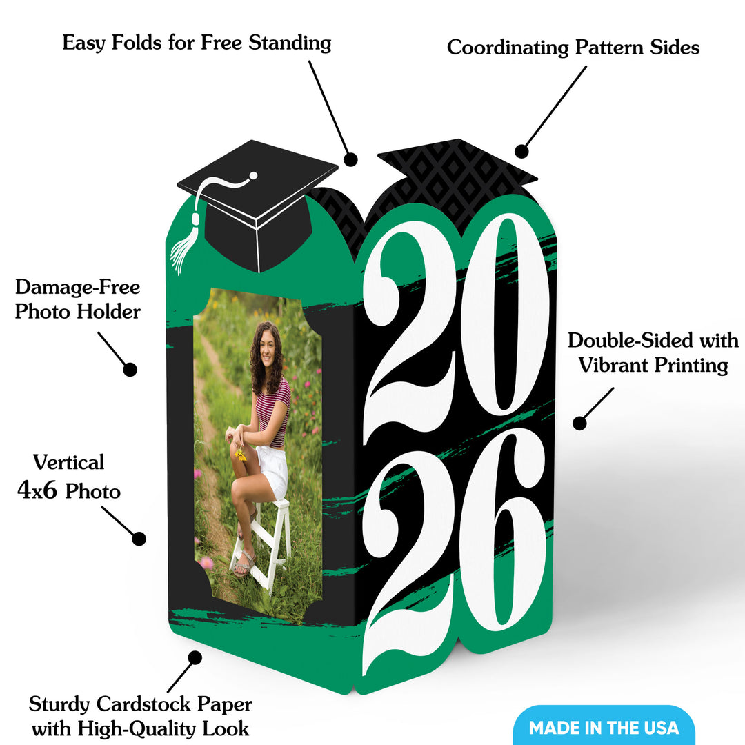 Graduation-themed photo frame with text highlighting features on a white background