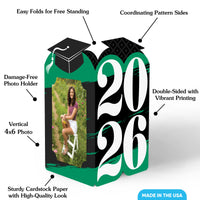 Graduation-themed photo frame with text highlighting features on a white background