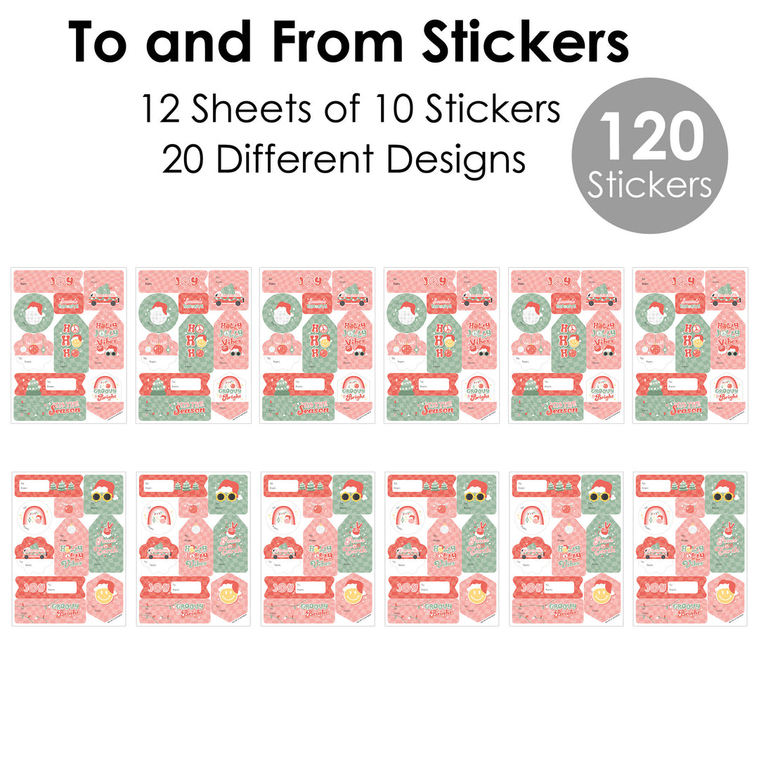 Groovy Christmas - Assorted Pastel Holiday Party Gift Tag Labels - To and From Stickers - 12 Sheets - 120 Stickers
