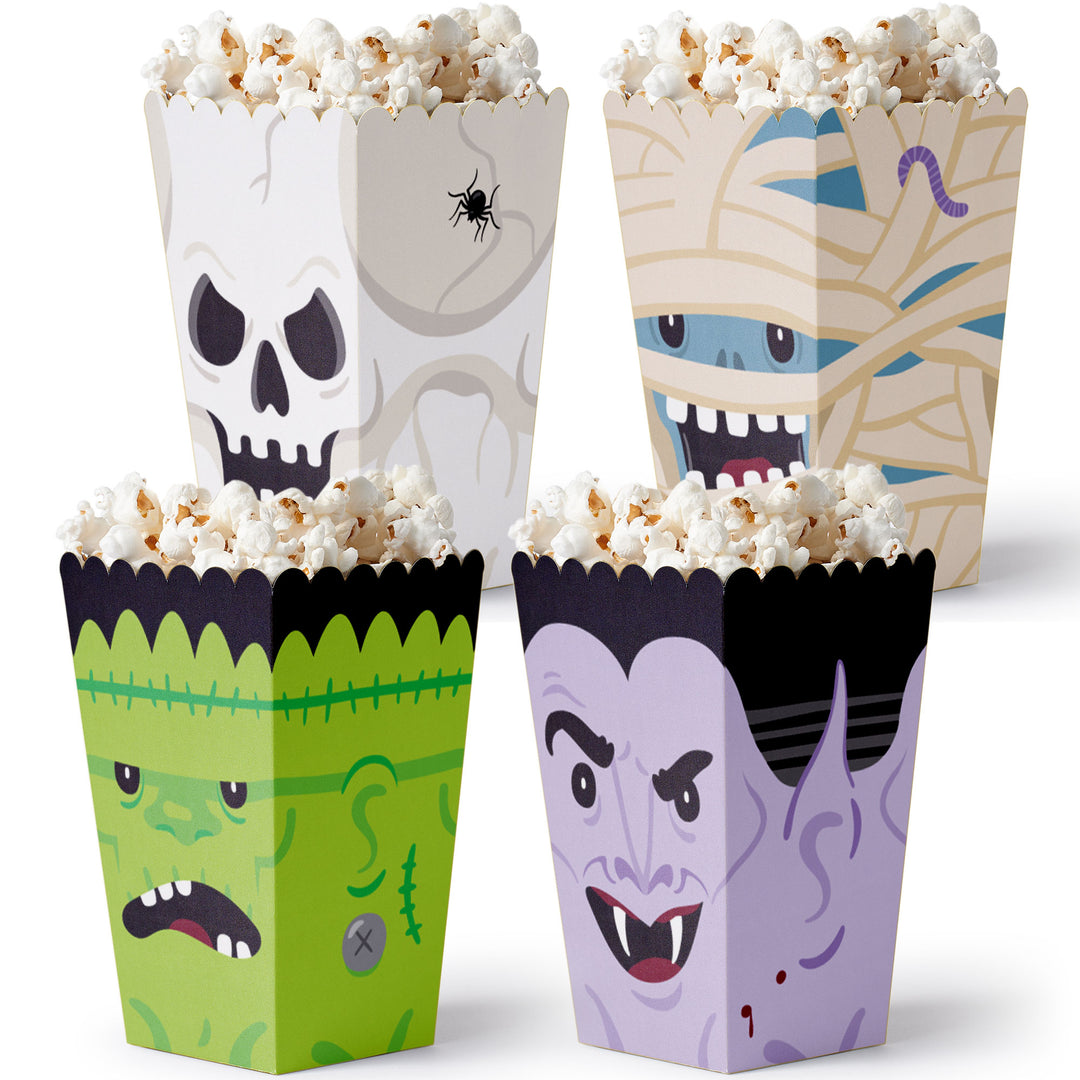 Halloween Monsters - Skeleton, Dracula, Frankenstein, and Mummy Party Favor Popcorn Treat Boxes - Set of 12