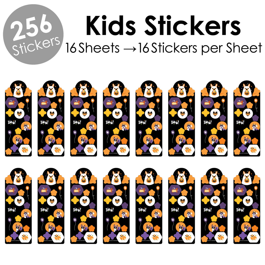 Halloween Pets - Cats and Dogs Party Favor Kids Stickers - Birthday Goodie Bag Filler - 16 Sheets - 256 Stickers