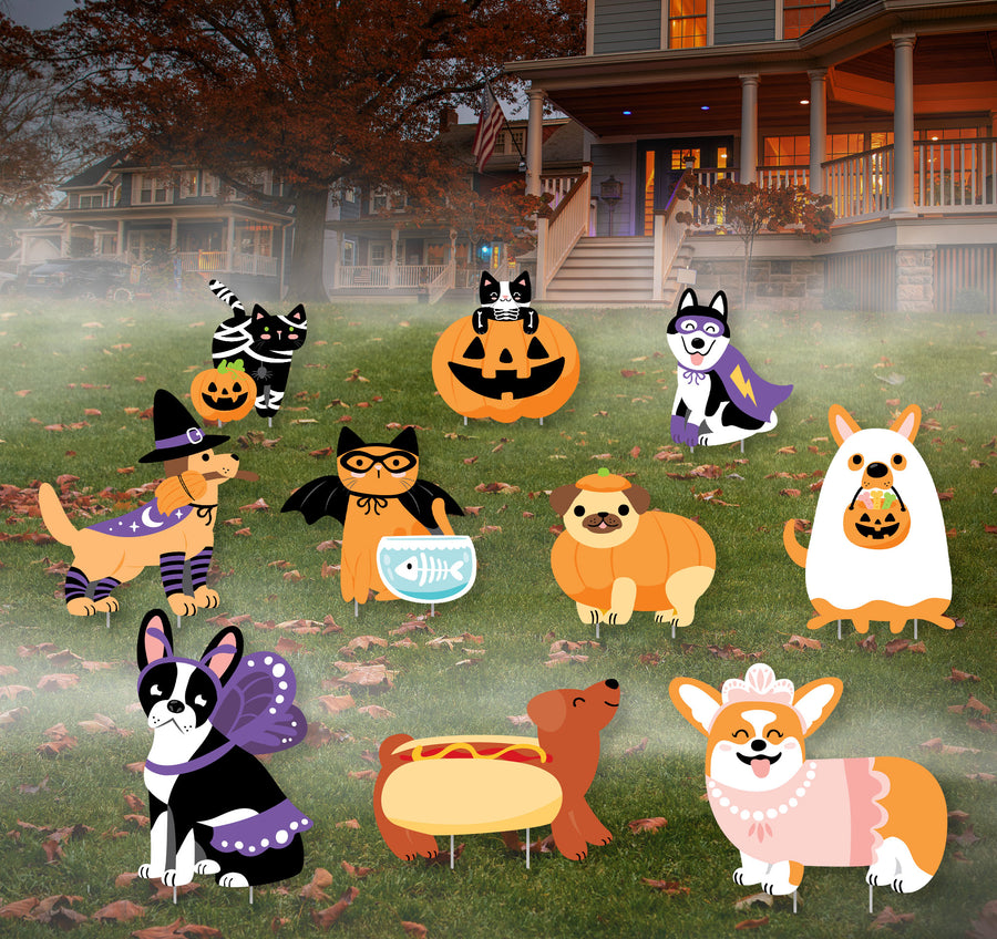 Halloween Pets - Lawn Decorations - Outdoor Cats and Dogs Party Yard Decorations - 10 Piece