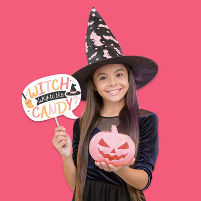 Funny Pastel Halloween - Pink Pumpkin Party Photo Booth Props Kit - 10 Piece