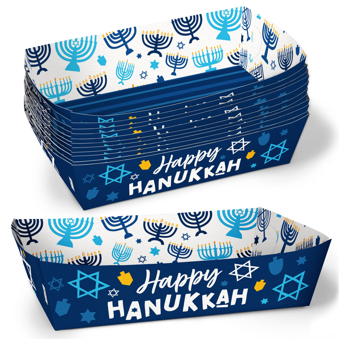 Set of 'Happy Hanukkah' paper food trays with Menorah and Star of David designs.