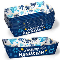 Set of 'Happy Hanukkah' paper food trays with Menorah and Star of David designs.