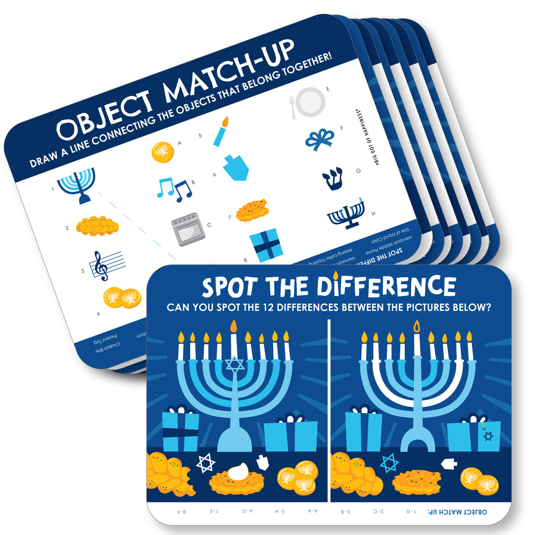 A set of 20 rectangular activity cards for Hanukkah Menorah party games, featuring 'Object Match-Up' and 'Spot the Difference' games, with blue and white colors and holiday-themed illustrations.