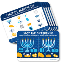 A set of 20 rectangular activity cards for Hanukkah Menorah party games, featuring 'Object Match-Up' and 'Spot the Difference' games, with blue and white colors and holiday-themed illustrations.