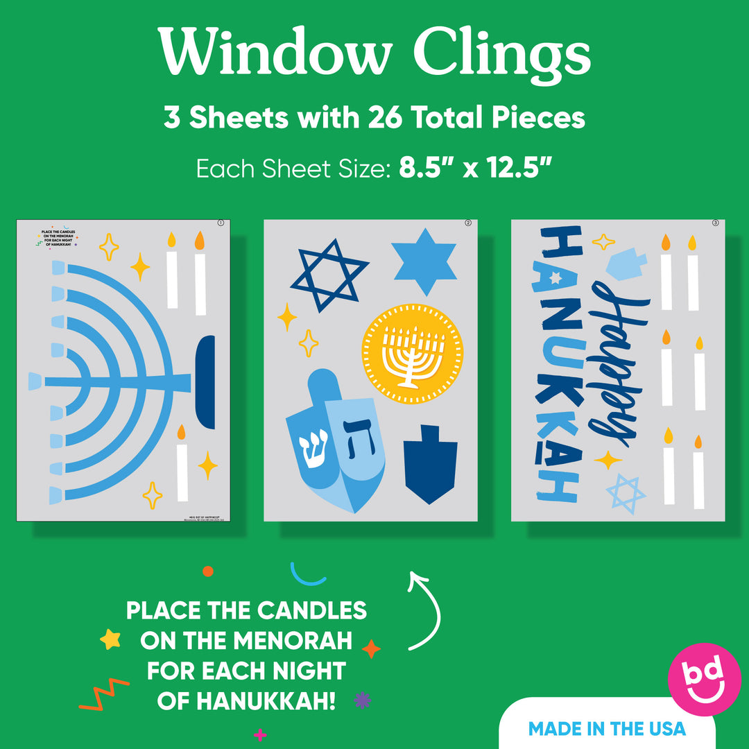 Three sheets of Hanukkah-themed window clings on a green background with product details.